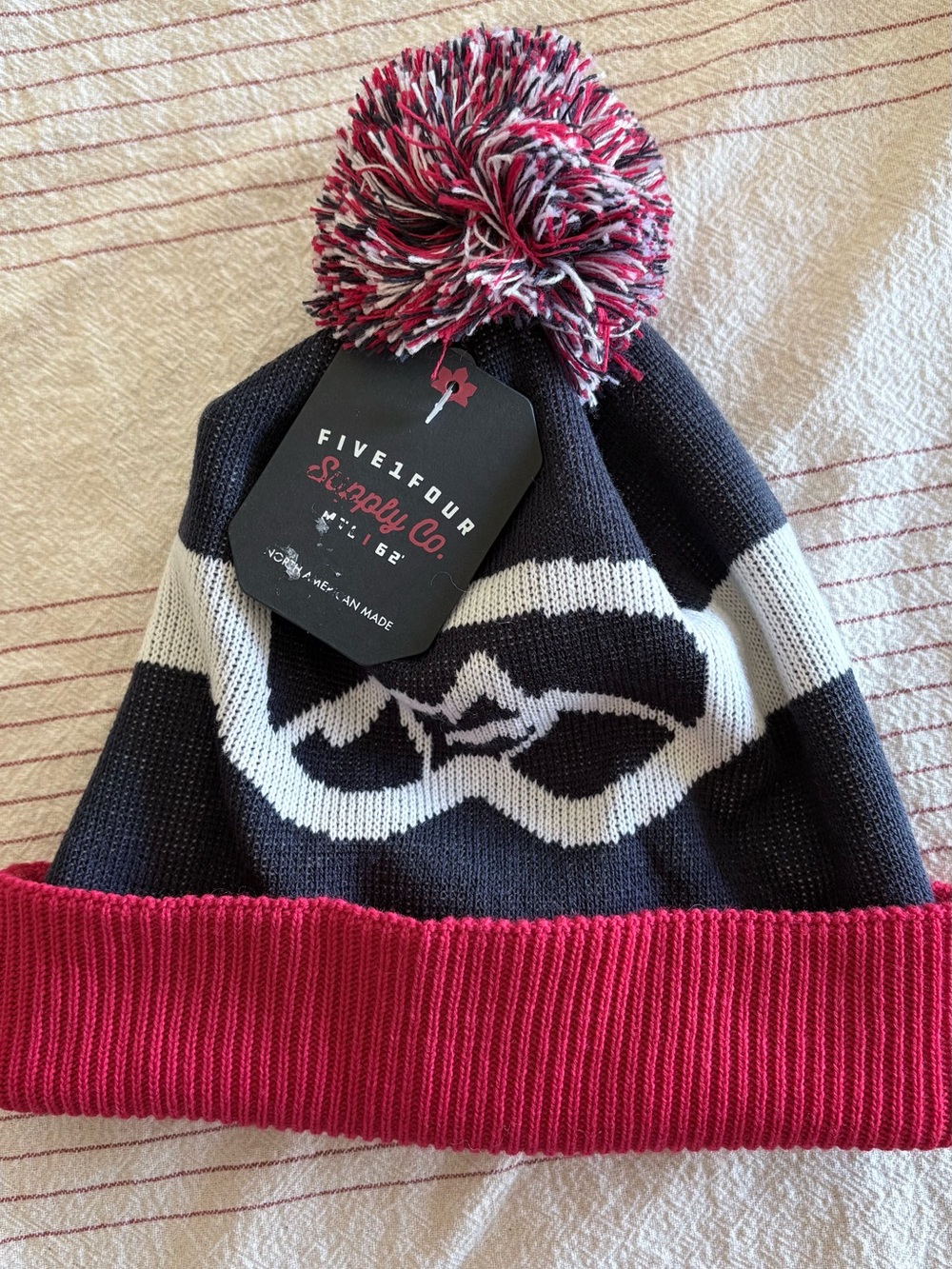 Five one Four Supply Co  Blue, White & Red Pom Beanie w ski goggles